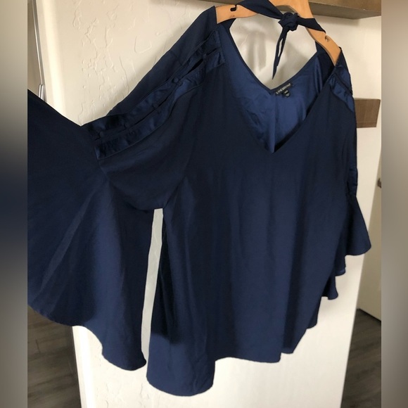 Lane Bryant|Navy Chiffon bell sleeve blouse, bow tie in back, sleeve buttons••• - Picture 2 of 8